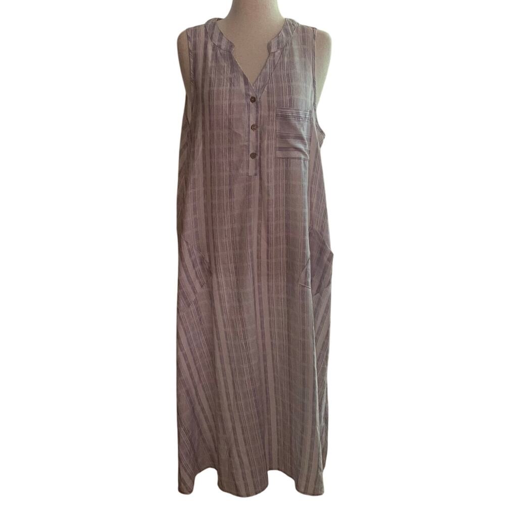 MissLook Dress, Boho, Striped Gray/White, Notched Neck, Button Front, 3XL,